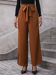 Elasticity Solid Color Tied Waist High Waisted Loose Trousers Pants
