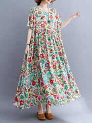 Pleated Printed Split-Joint Loose Short Sleeves Round-Neck Midi Dresses