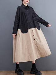Original Loose Long Sleeves Buttoned Contrast Color Lapel Collar Midi Dresses