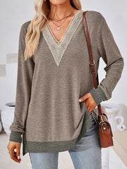 Hollow Split-Joint Split-Side Long Sleeves Loose V-Neck T-Shirts Tops