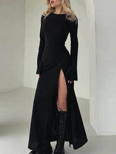 Asymmetric Solid Color Split-Joint Split-Side Long Sleeves Loose Round-Neck Maxi Dresses
