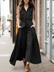 Buttoned Pleated Pockets Split-Joint Tied Loose Sleeveless Lapel Jumpsuits