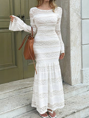 Flower Print Pleated See-Through Solid Color Split-Joint Textured Bodycon Flared Sleeves Round-Neck Maxi Dresses