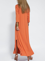 Long Sleeves Loose Solid Color Split-Side V-Neck Maxi Dresses