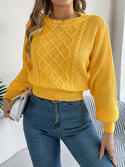 Cable Knit Solid Color Elasticated Waist Long Sleeves Round-Neck Sweater Tops Knit Top