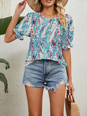 Elasticity Flower Print Ruffle Trim Loose Short Sleeves Round-Neck T-Shirts Tops