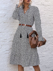 Elasticity Leopard Ruffled Split-Joint Tasseled Tied A-Line High Waisted Mock Neck Midi Dresses