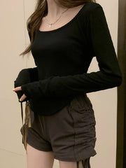 Solid Color Long Sleeves Skinny Square-Neck T-Shirts Tops