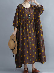 Artistic Retro Vintage Polka-Dot Loose Pleated Midi Dress