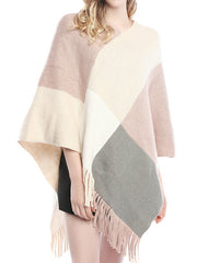 Asymmetric Color-Block Tasseled Loose V-Neck Shawl&Cloak Cape