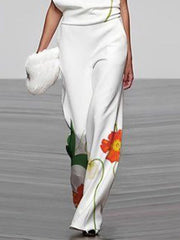 Asymmetric Floral Printed Split-Joint High Waisted Loose Trousers Pants