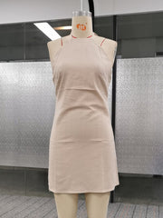 Backless Solid Color Tied A-Line High Waisted Halter-Neck Mini Dresses
