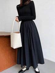Pleated Solid Color Split-Joint A-Line Long Sleeves Midi Dresses