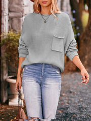 Hollow Pockets Solid Color Batwing Sleeves Long Sleeves Round-Neck Sweater Tops Pullovers Knitwear
