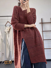 Hollow Solid Color Split-front Long Sleeves Loose Round-neck Sweater Tops