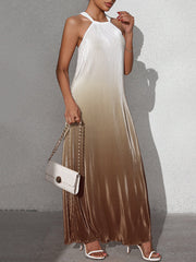 Gradient Pleated A-Line Loose Halter-Neck Maxi Dresses
