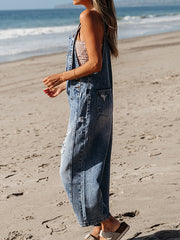 Hollow Pockets Split-Joint Loose Sleeveless Spaghetti-Neck Overalls