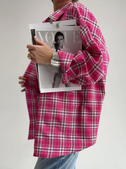 Buttoned Plaid Pockets Long Sleeves Loose Lapel Blouses&Shirts Tops