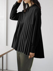 Buttoned Pleated Solid Color Long Sleeves Loose Round-Neck Blouses&Shirts Tops