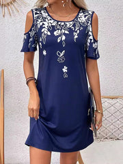 Flower Print Hollow A-Line Loose Cold Shoulder Mini Dresses