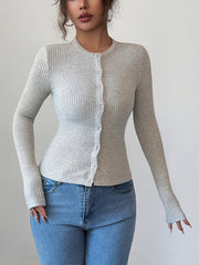 Buttoned Solid Color Long Sleeves Skinny Round-Neck Cardigan Tops