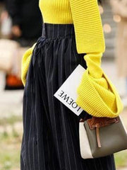 Drawstring Pleated Split-Joint Striped High Waisted Loose Trousers Pants