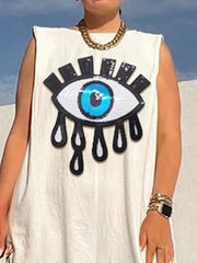 Applique Embroidered Figure Printed Loose Wide Leg Round-Neck Jumpsuits