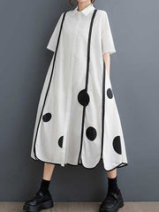 Buttoned Pockets Polka-Dot Split-Front Split-Joint A-Line Half Sleeves Lapel Shirt Dress Midi Dresses