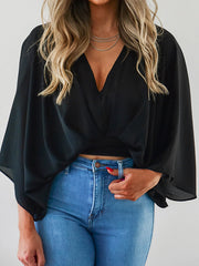 Solid Color Loose Three-quarter Sleeves Deep V-Neck Blouses&shirts Tops