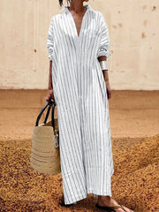 Striped Long Sleeves Lapel Maxi Dresses