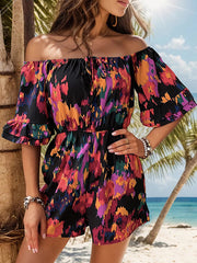 Drawstring Elasticity Pockets Printed Split-Joint Flared Sleeves Half Sleeves Off-The-Shoulder Rompers