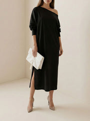 Solid Color Split-Side Long Sleeves Loose One-Shoulder Midi Dresses