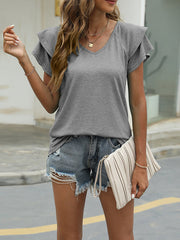 Double Layered Solid Color Split-Joint Loose Ruffle Sleeves Round-Neck T-Shirts Tops