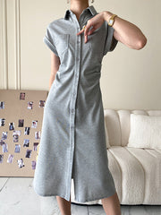 Buttoned Pleated Pockets Solid Color Split-Joint High Waisted Loose Lapel Midi Dresses
