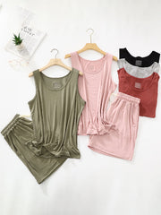 Drawstring Elasticity Pleated Solid Color Loose Sleeveless Round-neck Pajama Sets