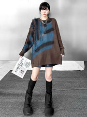Abstract Printed Asymmetric Contrast Color Split-Joint Tasseled Irregularity Long Sleeves Round-Neck Sweater Tops