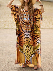 Printed Split-side Tiger Skin Pattern Batwing Sleeves Loose V-neck Maxi Dresses Beach Cover-Up