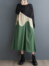 Contrast Color A-Line Long Sleeves Round-Neck Midi Dresses