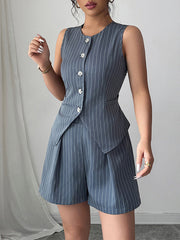 Striped Sleeveless Buttoned V-Neck Vest Top + Pleated Pockets Shorts Bottom Two Pieces Set