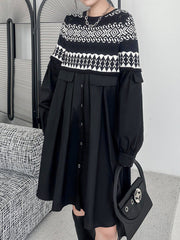 Buttoned Contrast Color Split-Joint A-Line Long Sleeves Round-Neck Mini Dresses