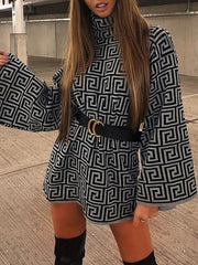 Jacquard Printed Flared Sleeves Long Sleeves High Neck Sweater Dresses Mini Dresses