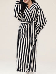 Split-Joint Striped Tied Waist Long Sleeves Loose Lapel Robes