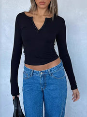 Solid Color Split-Joint Long Sleeves Skinny V-Neck T-Shirts