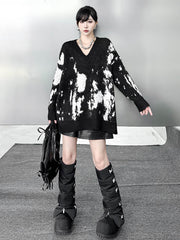 Abstract Printed Contrast Color Ribs Split-Joint Long Sleeves Loose V-Neck Sweater Tops