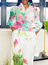 Long Sleeves Loose Floral Printed Gauze See-Through Split-Joint Lapel Blouses&Shirts Tops