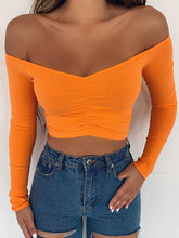 Solid Color Long Sleeves Skinny Off-The-Shoulder T-Shirts Tops