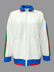 Long Sleeves Loose Contrast Color Striped Zipper Lapel Outerwear