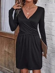 Pleated Solid Color Split-Joint A-Line Long Sleeves Deep V-Neck Mini Dresses