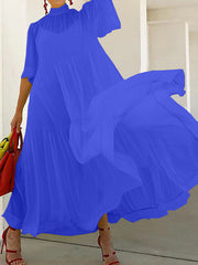 Loose Plus Size Mesh Pleated Solid Color Split-Joint Mock Neck Maxi Dresses Two Pieces Set