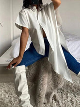 Asymmetric Buttoned Solid Color Half Sleeves Loose Mock Neck Blouses&Shirts Tops